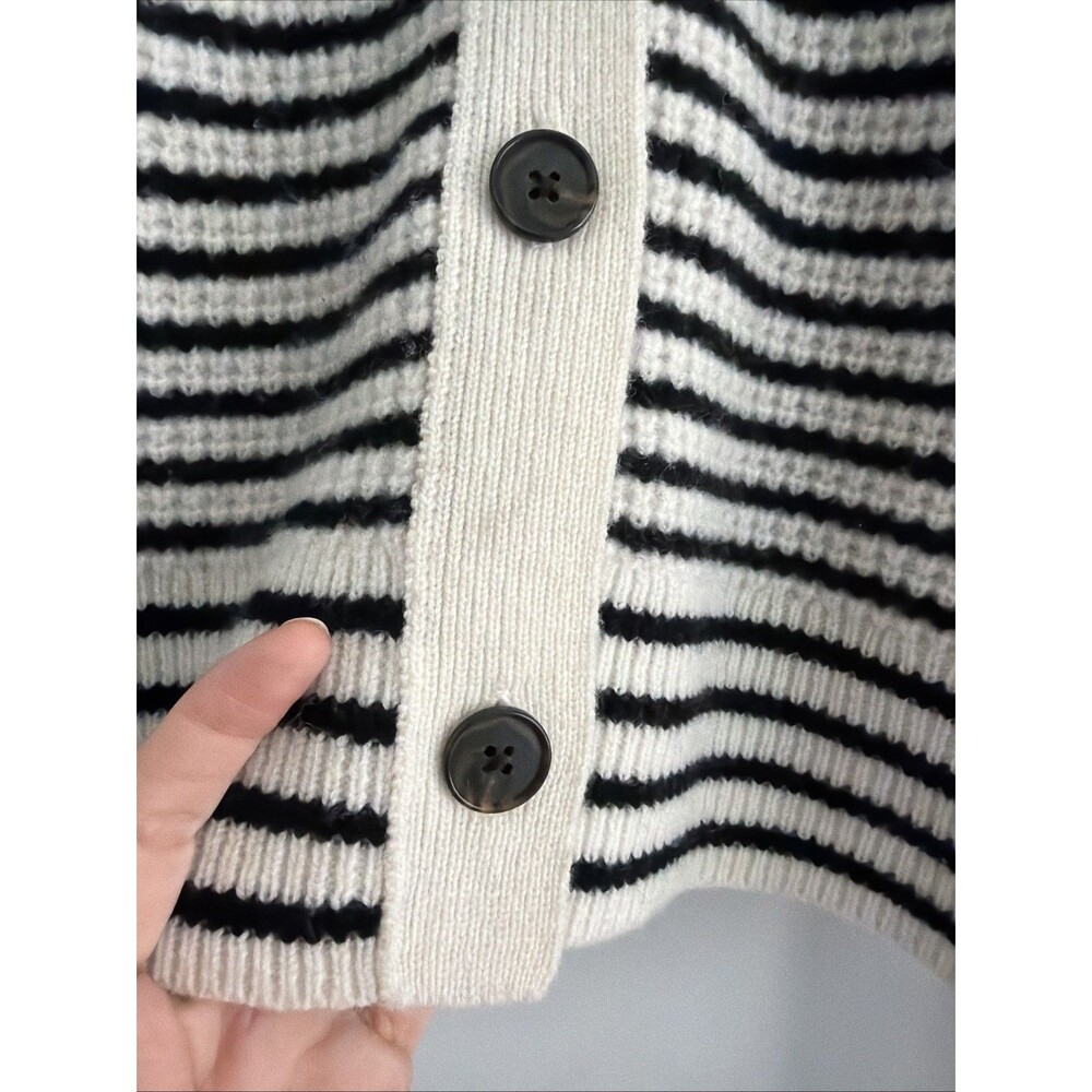 Madewell Waffle-Knit 100% Merino Wool Long Sleev Cardigan in Stripe Black Crm XL - Picture 8 of 9